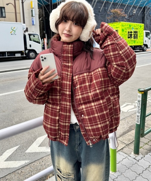 セール】チェック切り替えダウンジャケット（ダウンジャケット/コート