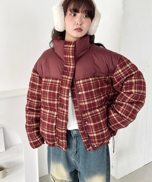 セール】チェック切り替えダウンジャケット（ダウンジャケット/コート