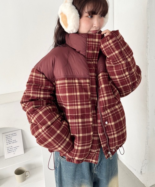 セール】チェック切り替えダウンジャケット（ダウンジャケット/コート