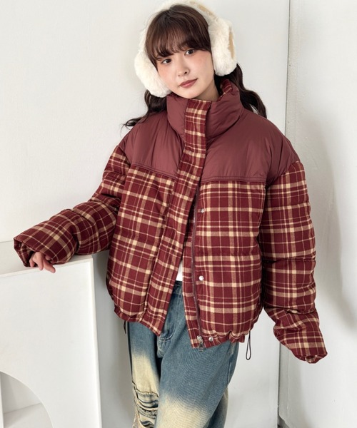 セール】チェック切り替えダウンジャケット（ダウンジャケット/コート