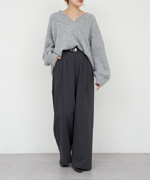 poyon2628　Cニット グレー コクーン ミックスカラー オーバーサイズ クルーネック ニット MONO