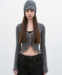 LACE FRILL ESSENTIAL CROP CARDIGAN_GRAY
