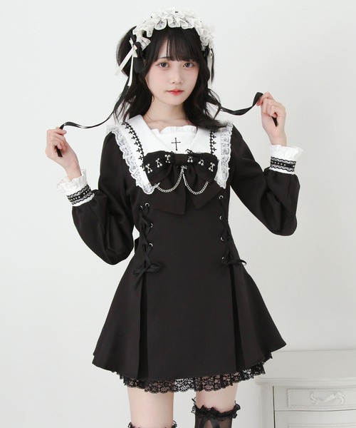 十字架クロススタッズチェーンレースアップフリルセーラーワンピース