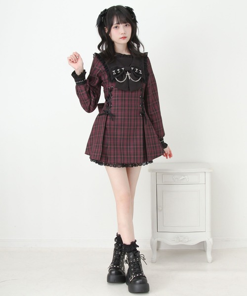 十字架クロススタッズチェーンレースアップフリルセーラーワンピース