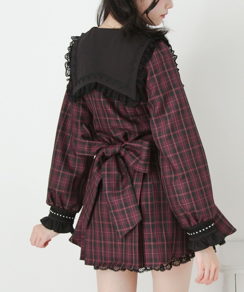 十字架クロススタッズチェーンレースアップフリルセーラーワンピース