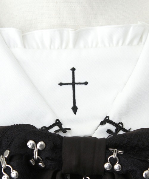 十字架クロススタッズチェーンレースアップフリルセーラーワンピース