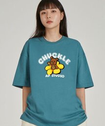 フロントチャックベアラウンドネック15番手綿半袖Tシャツ_ブルーグリーン