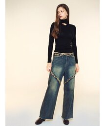 ローレイズタッセルデニムパンツ - 中青