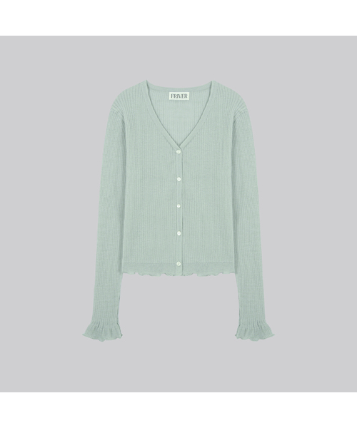 FRIVER07(フリバー07)の「V-neck frill ribbed knit cardigan_Mint(カーディガン/ボレロ・レディース・ブラック/ミント・FREE)」の1枚目の写真