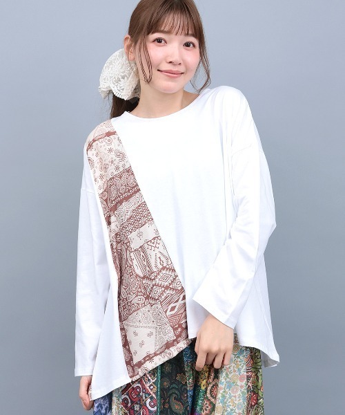 チチカカ(チチカカ)の「ランダム柄切替プルオーバー(Tシャツ/カットソー・レディース・グリーン/ホワイト/ブラック・FREE)」の1枚目の写真