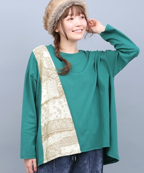 チチカカ(チチカカ)の「ランダム柄切替プルオーバー(Tシャツ/カットソー・レディース・グリーン/ホワイト/ブラック・FREE)」の6枚目の写真