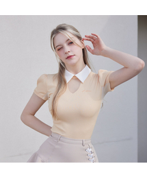 J.JANE（ジェイジェーン）の「シースルーネックライン半袖Tシャツ (アプリコット)（ポロシャツ）」