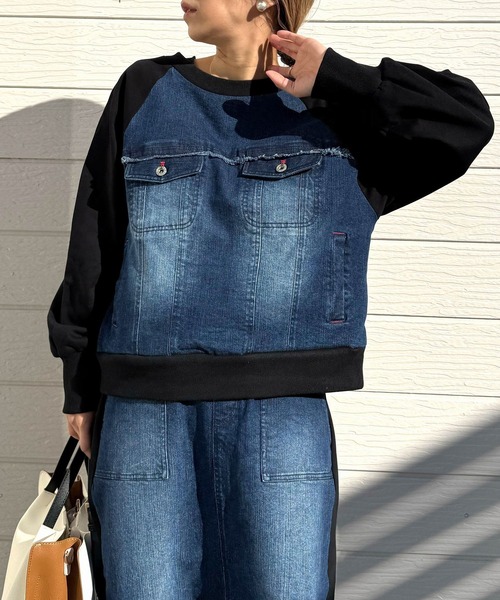 Q（キュー）の「デニム裏毛ドッキングスウェット（スウェット・レディース・インディゴブルー/スカイブルー・MEDIUM）」の2枚目の写真