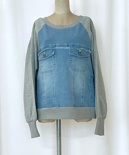 Q（キュー）の「デニム裏毛ドッキングスウェット（スウェット・レディース・インディゴブルー/スカイブルー・MEDIUM）」の3枚目の写真