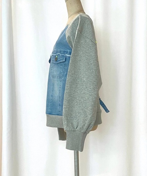 Q（キュー）の「デニム裏毛ドッキングスウェット（スウェット・レディース・インディゴブルー/スカイブルー・MEDIUM）」の4枚目の写真