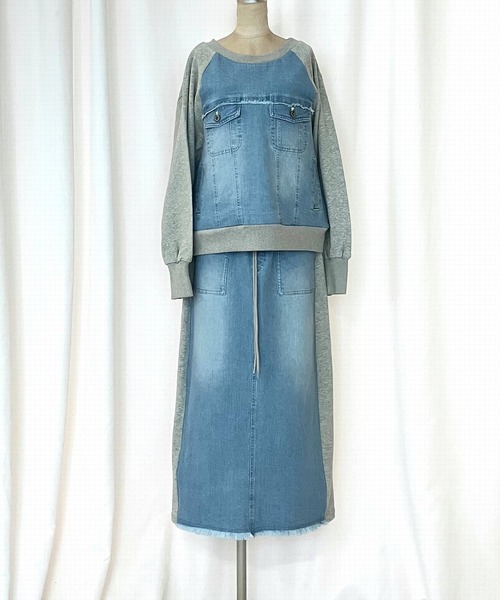 Q（キュー）の「デニム裏毛ドッキングスウェット（スウェット・レディース・インディゴブルー/スカイブルー・MEDIUM）」の8枚目の写真