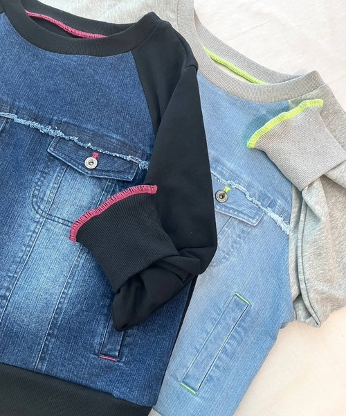 Q（キュー）の「デニム裏毛ドッキングスウェット（スウェット・レディース・インディゴブルー/スカイブルー・MEDIUM）」の9枚目の写真