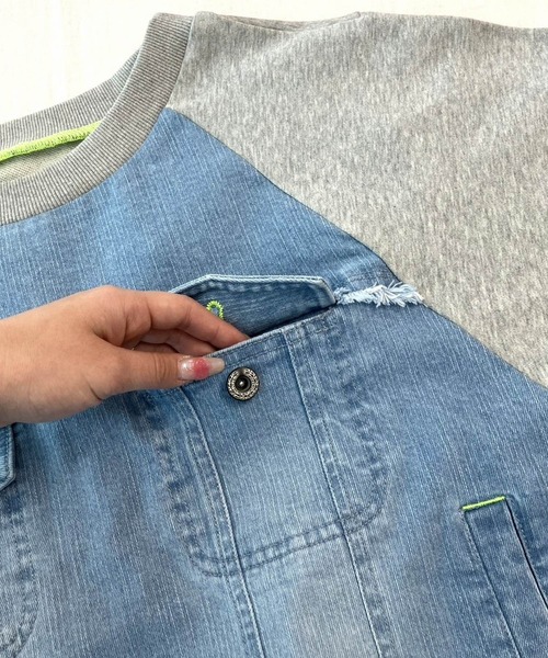 Q（キュー）の「デニム裏毛ドッキングスウェット（スウェット・レディース・インディゴブルー/スカイブルー・MEDIUM）」の14枚目の写真