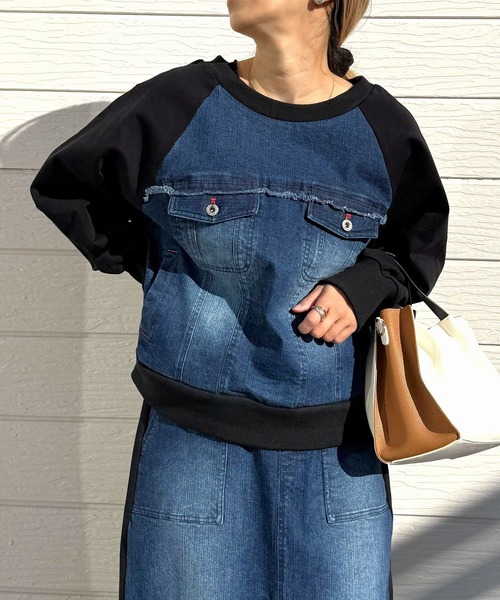 Q（キュー）の「デニム裏毛ドッキングスウェット（スウェット・レディース・インディゴブルー/スカイブルー・MEDIUM）」の22枚目の写真