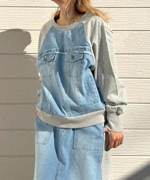 Q（キュー）の「デニム裏毛ドッキングスウェット（スウェット・レディース・インディゴブルー/スカイブルー・MEDIUM）」の19枚目の写真