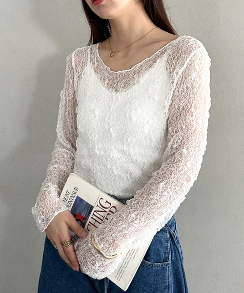 MYMOOD.(マイムード)の「クルーネックレースシアートップス長袖(Tシャツ/カットソー・レディース・ホワイト/ブラック・FREE)」の1枚目の写真