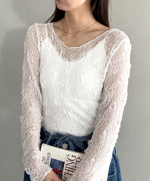 MYMOOD.(マイムード)の「クルーネックレースシアートップス長袖(Tシャツ/カットソー・レディース・ホワイト/ブラック・FREE)」の4枚目の写真