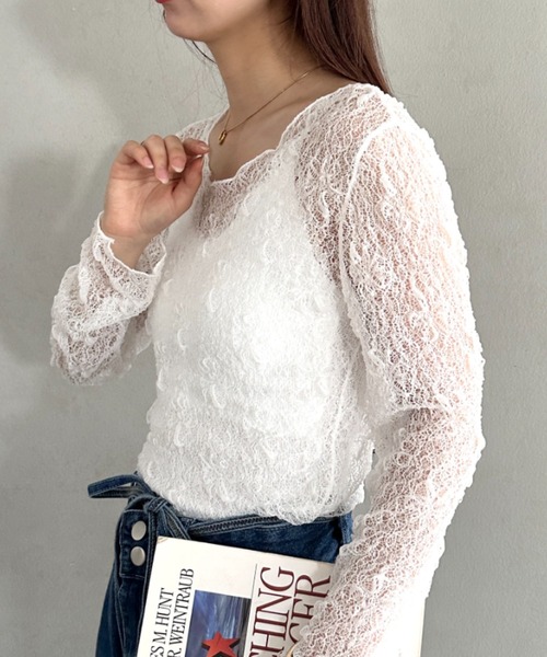 MYMOOD.(マイムード)の「クルーネックレースシアートップス長袖(Tシャツ/カットソー・レディース・ホワイト/ブラック・FREE)」の5枚目の写真