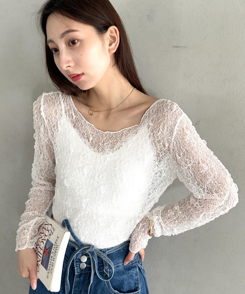 MYMOOD.(マイムード)の「クルーネックレースシアートップス長袖(Tシャツ/カットソー・レディース・ホワイト/ブラック・FREE)」の7枚目の写真