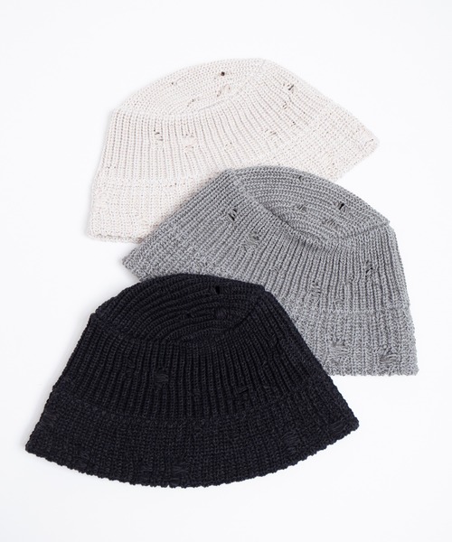RACAL（ラカル）の「Distressed Knit Bucket Hat / ダメージ加工風針抜きニットバケットハット（ニットキャップ/ビーニー・メンズ・ブラック/ライトベージュ/グレー・FREE）」の4枚目の写真