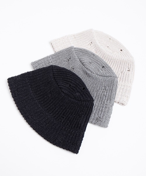 RACAL（ラカル）の「Distressed Knit Bucket Hat / ダメージ加工風針抜きニットバケットハット（ニットキャップ/ビーニー・メンズ・ブラック/ライトベージュ/グレー・FREE）」の5枚目の写真