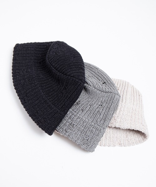 RACAL（ラカル）の「Distressed Knit Bucket Hat / ダメージ加工風針抜きニットバケットハット（ニットキャップ/ビーニー・メンズ・ブラック/ライトベージュ/グレー・FREE）」の14枚目の写真