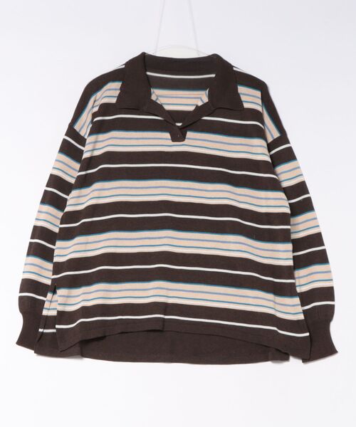 MAISON BREEZE reveur(メゾンブリーズレヴール)の「【MAISON BREEZE reveur】マルチボーダーニットラガーシャツ trc(ニット/セーター・レディース・ピンク/ブルー/ブラウン・FREE)」の1枚目の写真