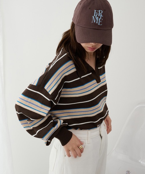 MAISON BREEZE reveur(メゾンブリーズレヴール)の「【MAISON BREEZE reveur】マルチボーダーニットラガーシャツ trc(ニット/セーター・レディース・ピンク/ブルー/ブラウン・FREE)」の4枚目の写真