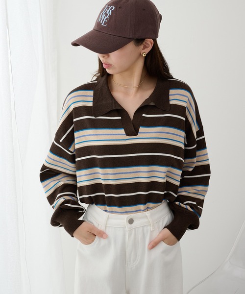MAISON BREEZE reveur(メゾンブリーズレヴール)の「【MAISON BREEZE reveur】マルチボーダーニットラガーシャツ trc(ニット/セーター・レディース・ピンク/ブルー/ブラウン・FREE)」の6枚目の写真