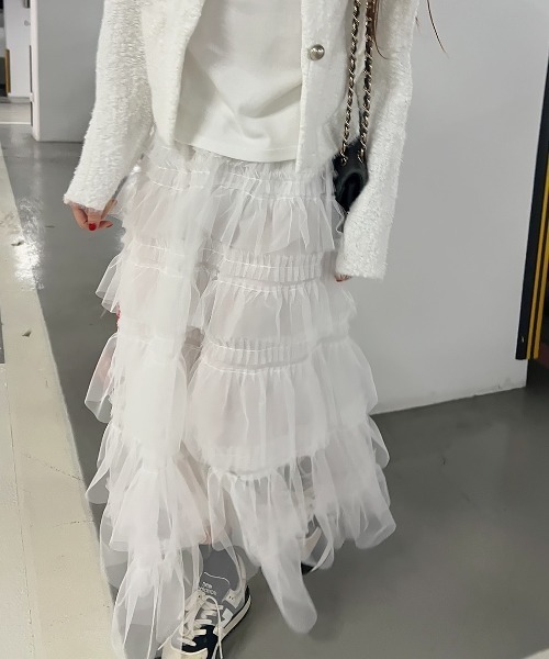 FREE STYLISTS(フリー スタイリスト)の「YUGA_YGMC Lace tiered long skirt(スカート・レディース・ブラック/ホワイト・FREE)」の4枚目の写真