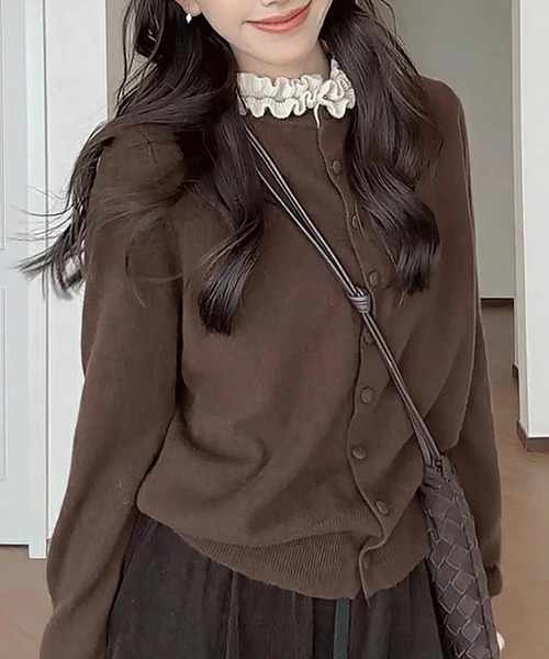 LUMIRA(アパレル)(ルミラ)の「バイカラー ニットフリルカーディガン(カーディガン/ボレロ・レディース・ブラウン/グレー・ONE SIZE)」の1枚目の写真