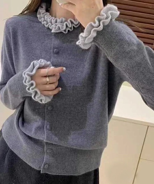 バイカラー ニットフリルカーディガン（カーディガン/ボレロ）｜LUMIRA