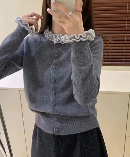 LUMIRA(アパレル)(ルミラ)の「バイカラー ニットフリルカーディガン(カーディガン/ボレロ・レディース・ブラウン/グレー・ONE SIZE)」の7枚目の写真