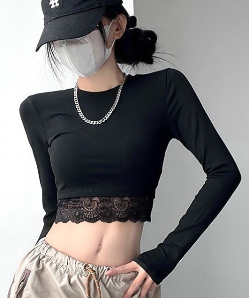 SHEENA(シーナ)の「レースヘムクロップドトップス(Tシャツ/カットソー・レディース・ホワイト/ブラック・M)」の4枚目の写真