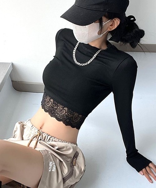 SHEENA(シーナ)の「レースヘムクロップドトップス(Tシャツ/カットソー・レディース・ホワイト/ブラック・M)」の3枚目の写真