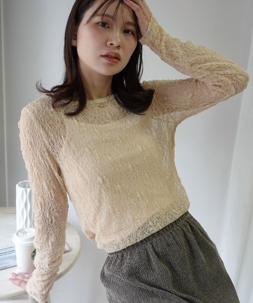 CORNERS(コーナーズ)の「袖ギャザーレーストップス(Tシャツ/カットソー・レディース・ベージュ/アイボリー/ブラック・M)」の1枚目の写真