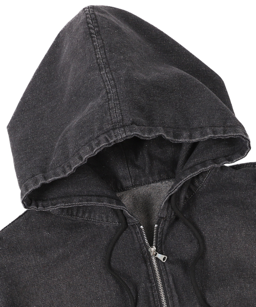 AEXEA（アクシー）の「ツーウェイジップアップウォッシングクロップフードデニムジャケット I02JRD_AVK11326（デニムジャケット・レディース・ライトインディゴブルー/グレイッシュブルー/ダークグレー・FREE）」の6枚目の写真