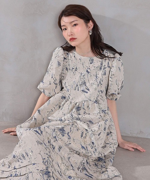 Kana(カナ)の「マーブルジャガードパフスリーブワンピースドレス パーティー 結婚式 お呼ばれ マタニティ オケージョンドレス(ドレス・レディース・グリーン/ネイビー・M)」の12枚目の写真