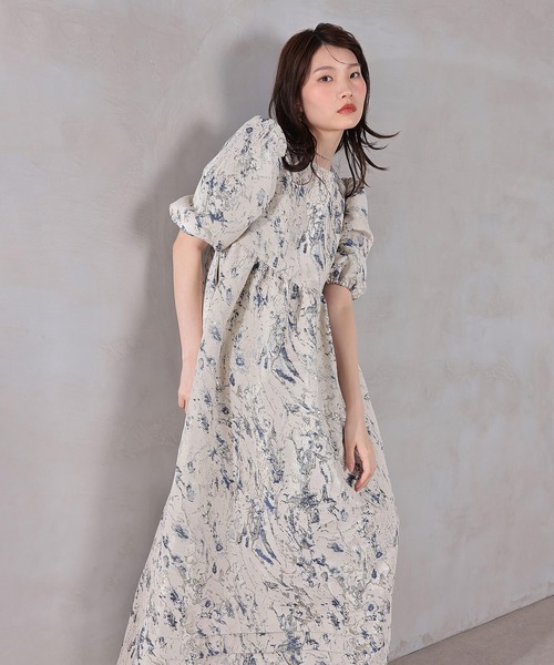 Kana(カナ)の「マーブルジャガードパフスリーブワンピースドレス パーティー 結婚式 お呼ばれ マタニティ オケージョンドレス(ドレス・レディース・グリーン/ネイビー・M)」の5枚目の写真