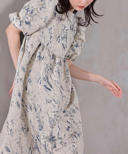 Kana(カナ)の「マーブルジャガードパフスリーブワンピースドレス パーティー 結婚式 お呼ばれ マタニティ オケージョンドレス(ドレス・レディース・グリーン/ネイビー・M)」の6枚目の写真