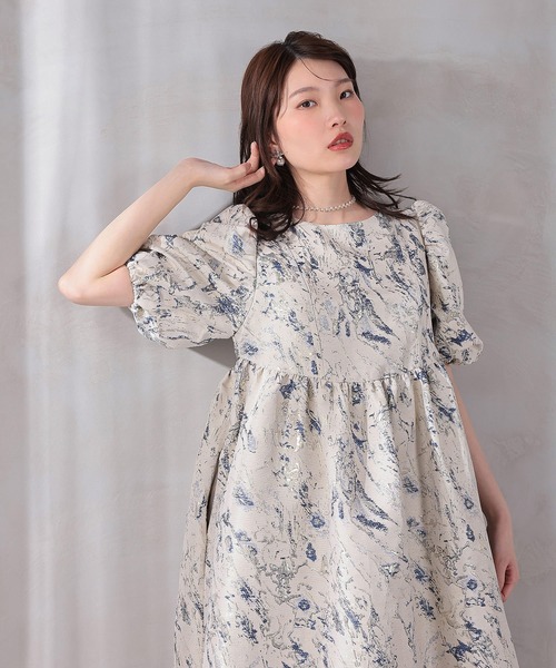 Kana(カナ)の「マーブルジャガードパフスリーブワンピースドレス パーティー 結婚式 お呼ばれ マタニティ オケージョンドレス(ドレス・レディース・グリーン/ネイビー・M)」の3枚目の写真