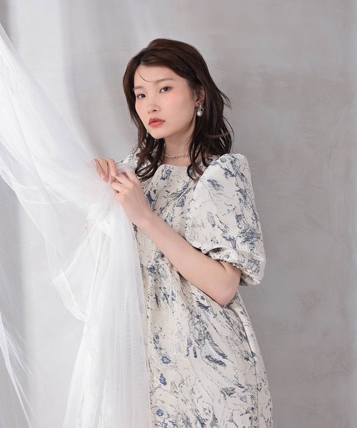Kana(カナ)の「マーブルジャガードパフスリーブワンピースドレス パーティー 結婚式 お呼ばれ マタニティ オケージョンドレス(ドレス・レディース・グリーン/ネイビー・M)」の7枚目の写真