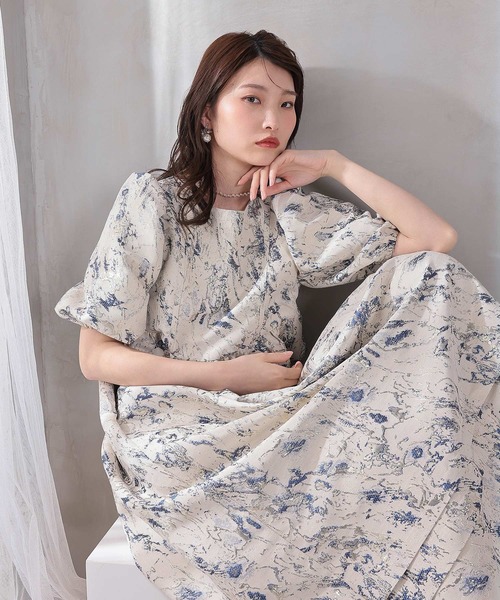 Kana(カナ)の「マーブルジャガードパフスリーブワンピースドレス パーティー 結婚式 お呼ばれ マタニティ オケージョンドレス(ドレス・レディース・グリーン/ネイビー・M)」の9枚目の写真
