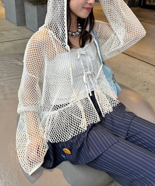 CIAOPANIC（チャオパニック）の「【2サイズ展開】メッシュリボンフーディーカーディガン（Tシャツ/カットソー・レディース・ベージュ/ブラック系その他/ブラック/ホワイト/ホワイト系その他/ベージュ系その他・1/0）」の2枚目の写真