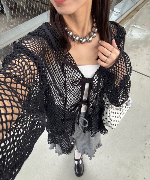 CIAOPANIC（チャオパニック）の「【2サイズ展開】メッシュリボンフーディーカーディガン（Tシャツ/カットソー・レディース・ベージュ/ブラック系その他/ブラック/ホワイト/ホワイト系その他/ベージュ系その他・1/0）」の4枚目の写真